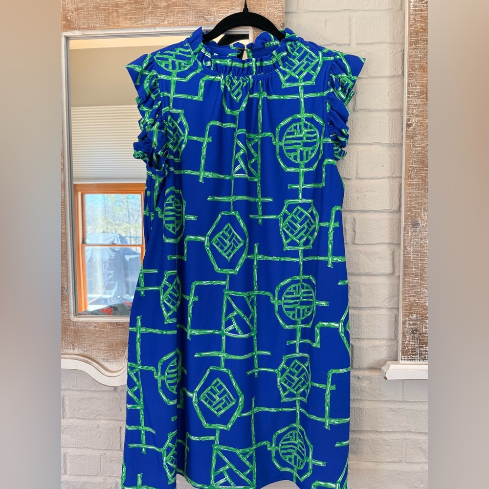 Jude Connally Blue and Green Bamboo Lattice Design Dress